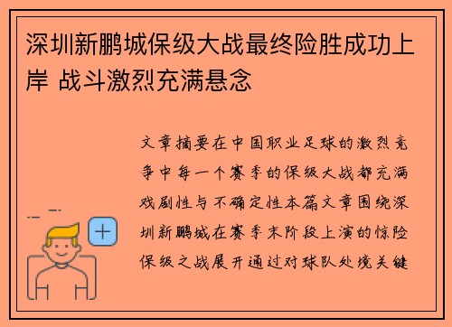 深圳新鹏城保级大战最终险胜成功上岸 战斗激烈充满悬念